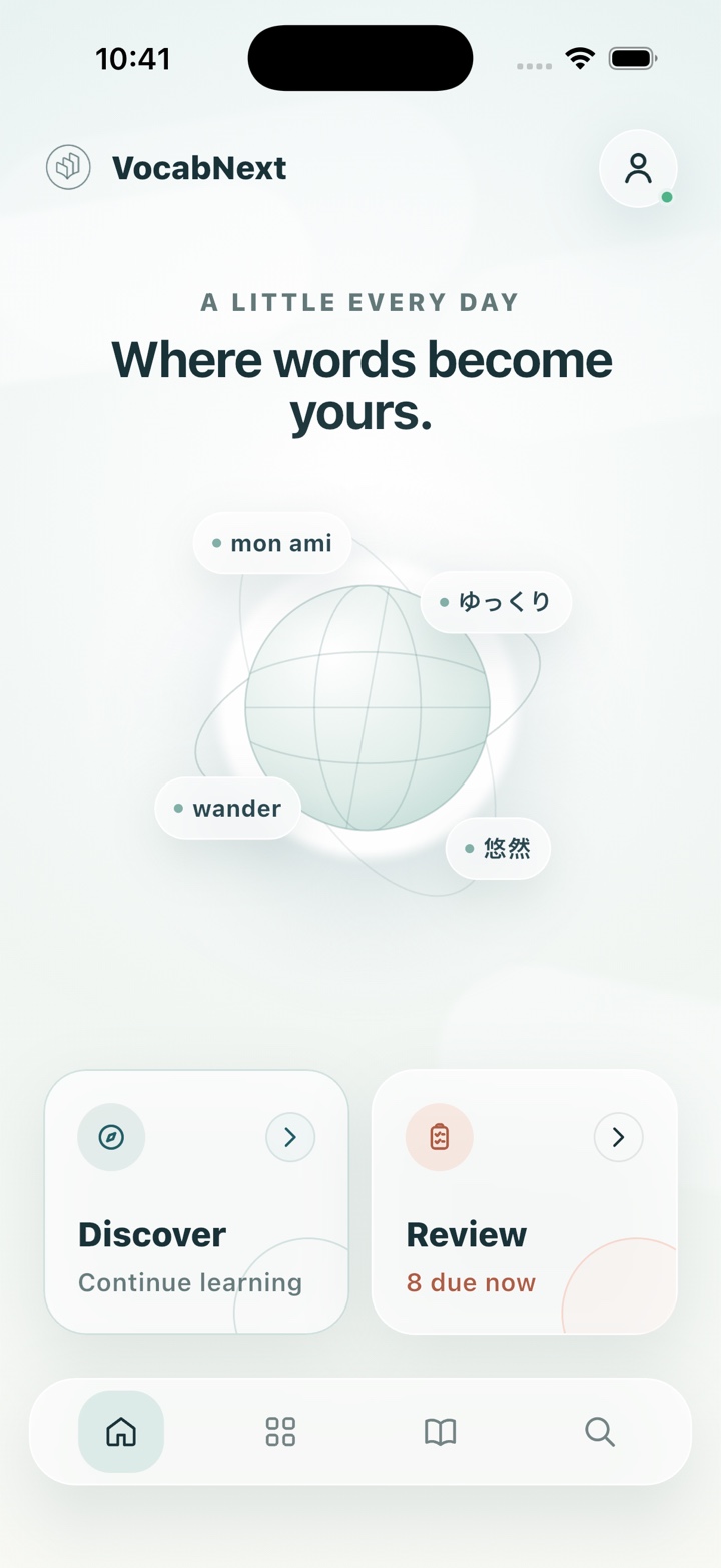 VocabNext home screen showing its learning globe and Discover and Review actions